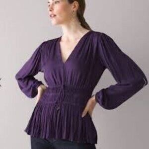 WHBM Deep Purple Silky Peplum Long Sleeve Blouse S